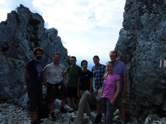 the theoreticians, in the Bavarian alps (photo courtesy of A. Alexandrova). From left to right: D. Glowacki (Bristol), T. Jacob (Ulm), T. Miller (CalTech), A. Alexandrova (UCLA), A. Tkatchenko (Berlin), B. Strodel (Julich), and L. Jensen (Penn State)